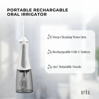Orku Portable Oral Irrigator Flosser 350ml - Rechargeable Water Dental Teeth Cleaner