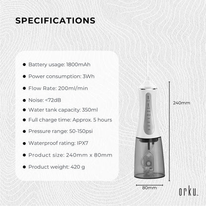 Orku Portable Oral Irrigator Flosser 350ml - Rechargeable Water Dental Teeth Cleaner