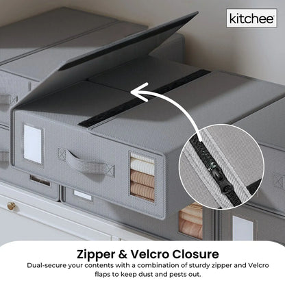 Grey storage box with lid open, showing internal compartments and front viewing window