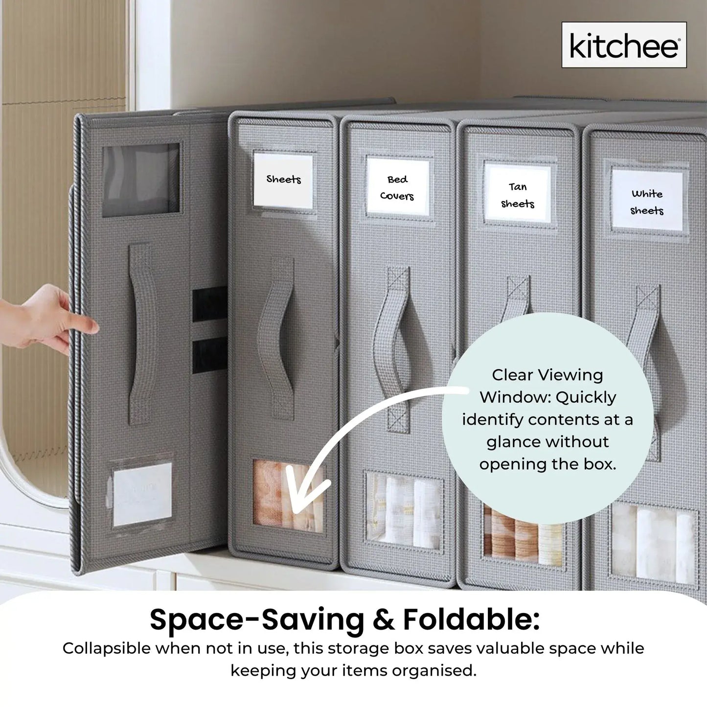 Foldable grey storage box with clear window front, showing category label pockets