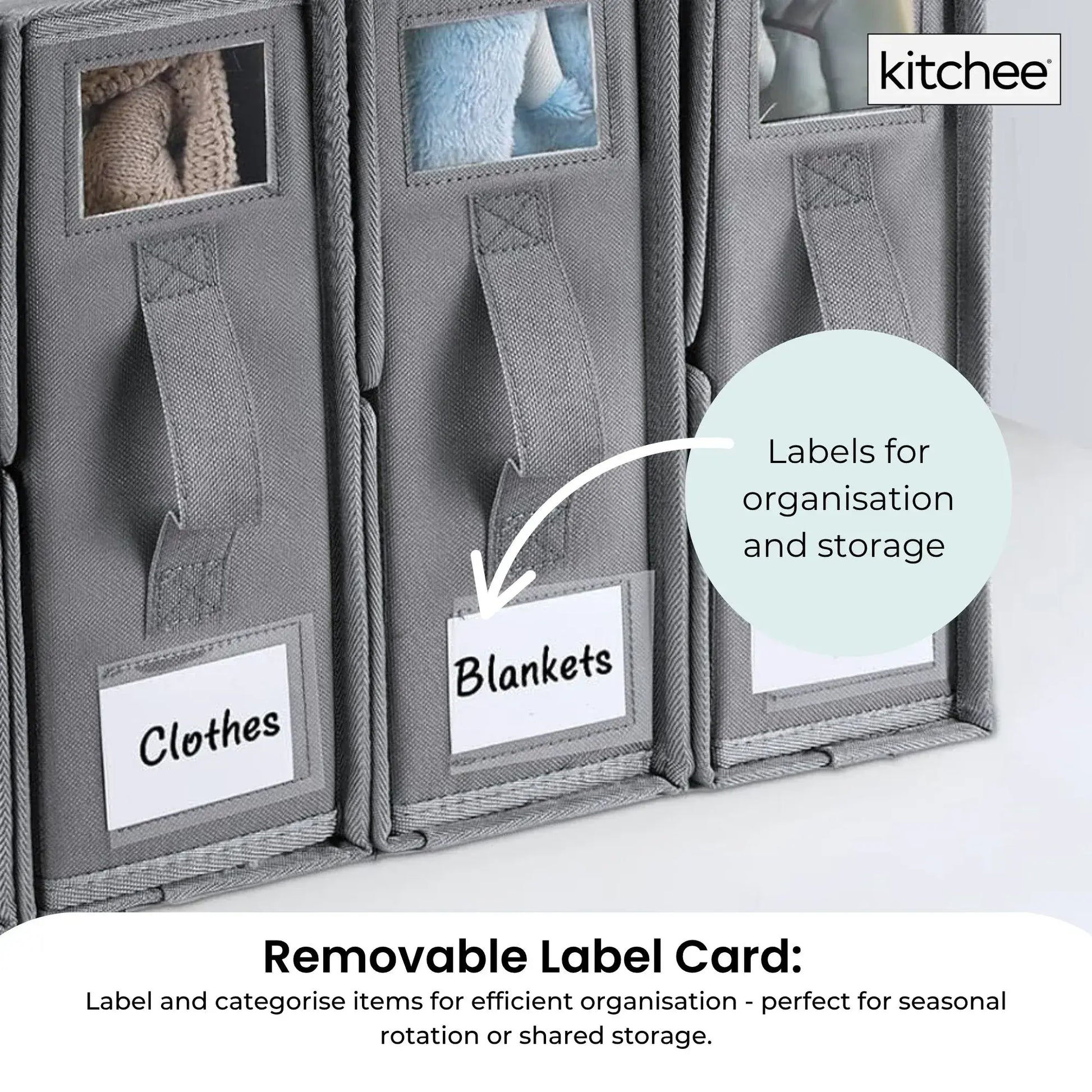 Foldable grey storage box with removable label cards and mesh label window panels