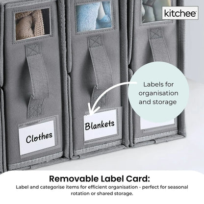 Foldable grey storage box with removable label cards and mesh label window panels
