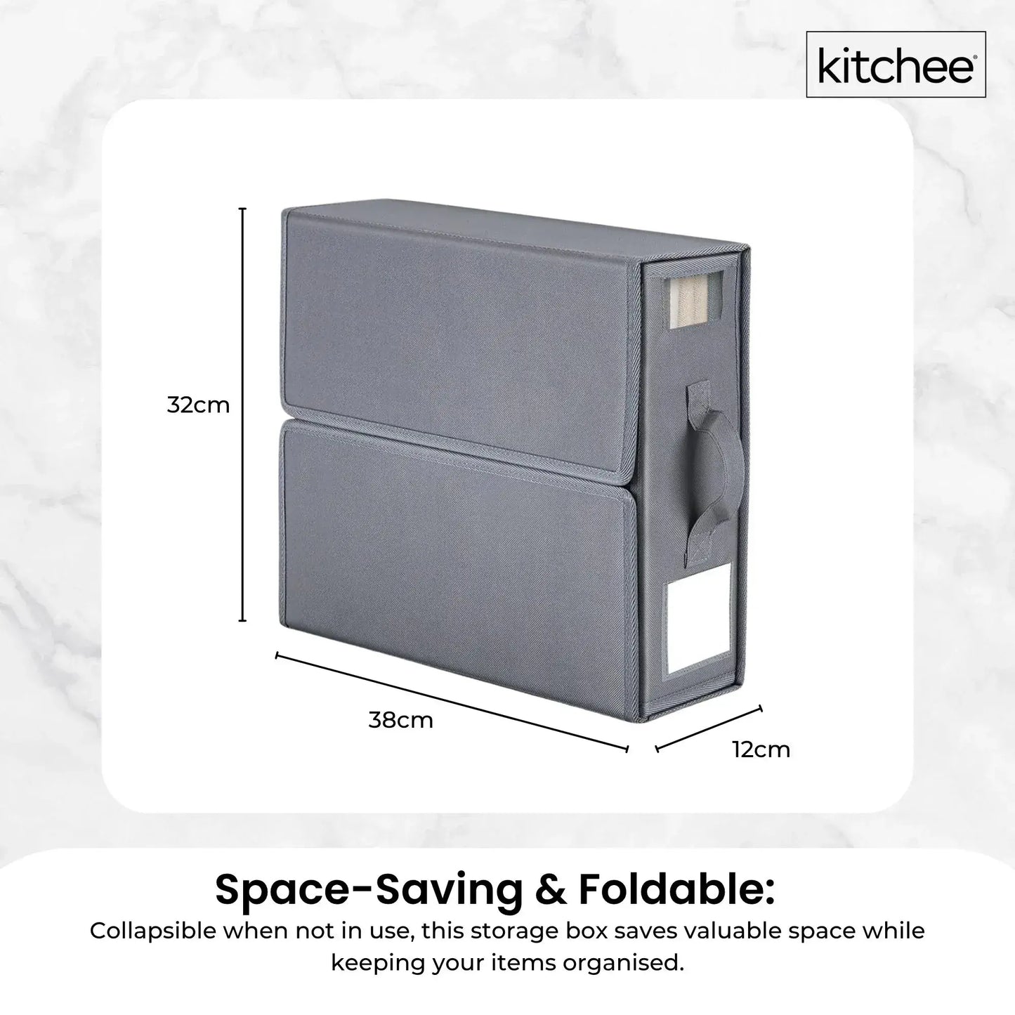 Grey foldable storage box with front windowed panel and integrated side handle