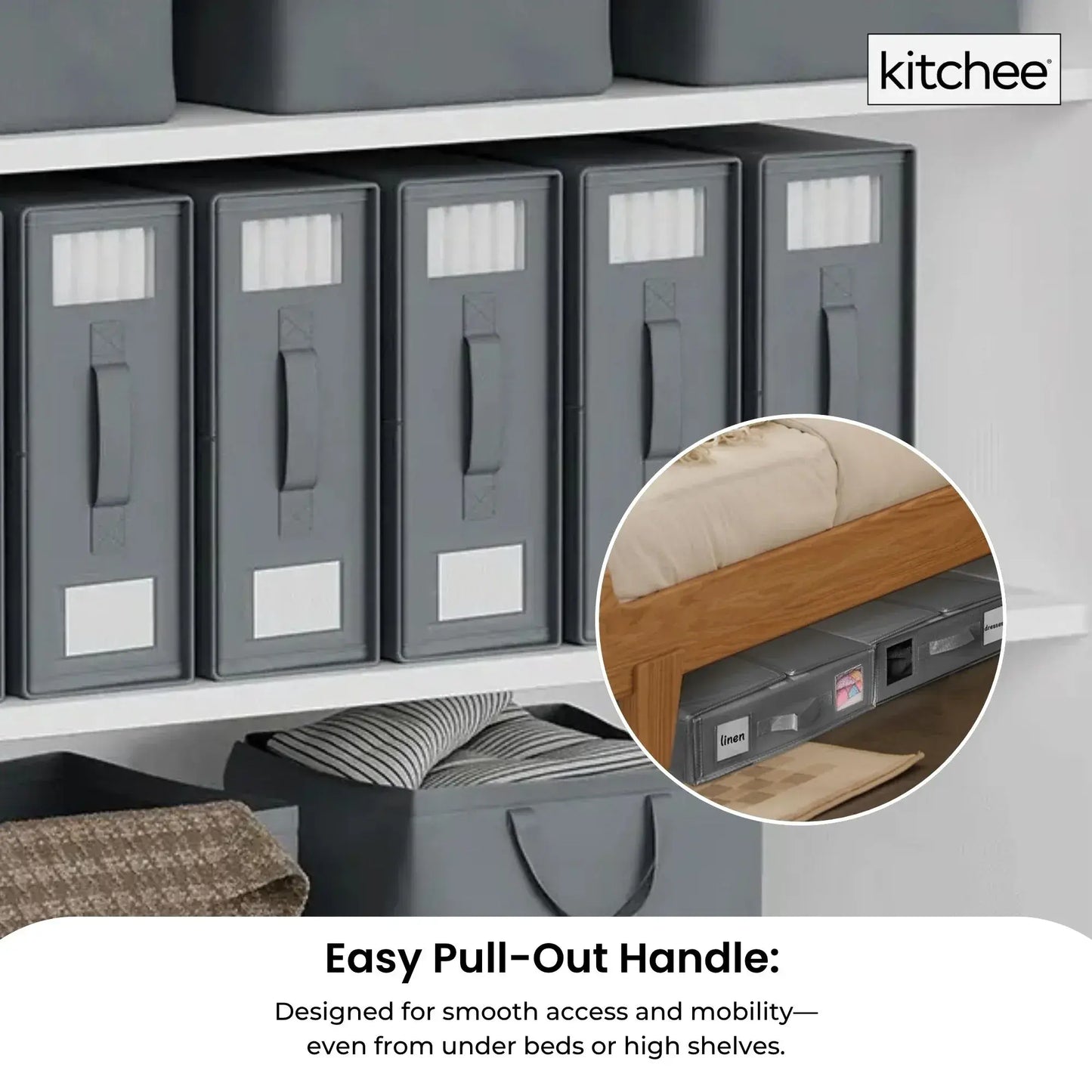 Grey foldable storage boxes with clear front windows and easy pull-out handle