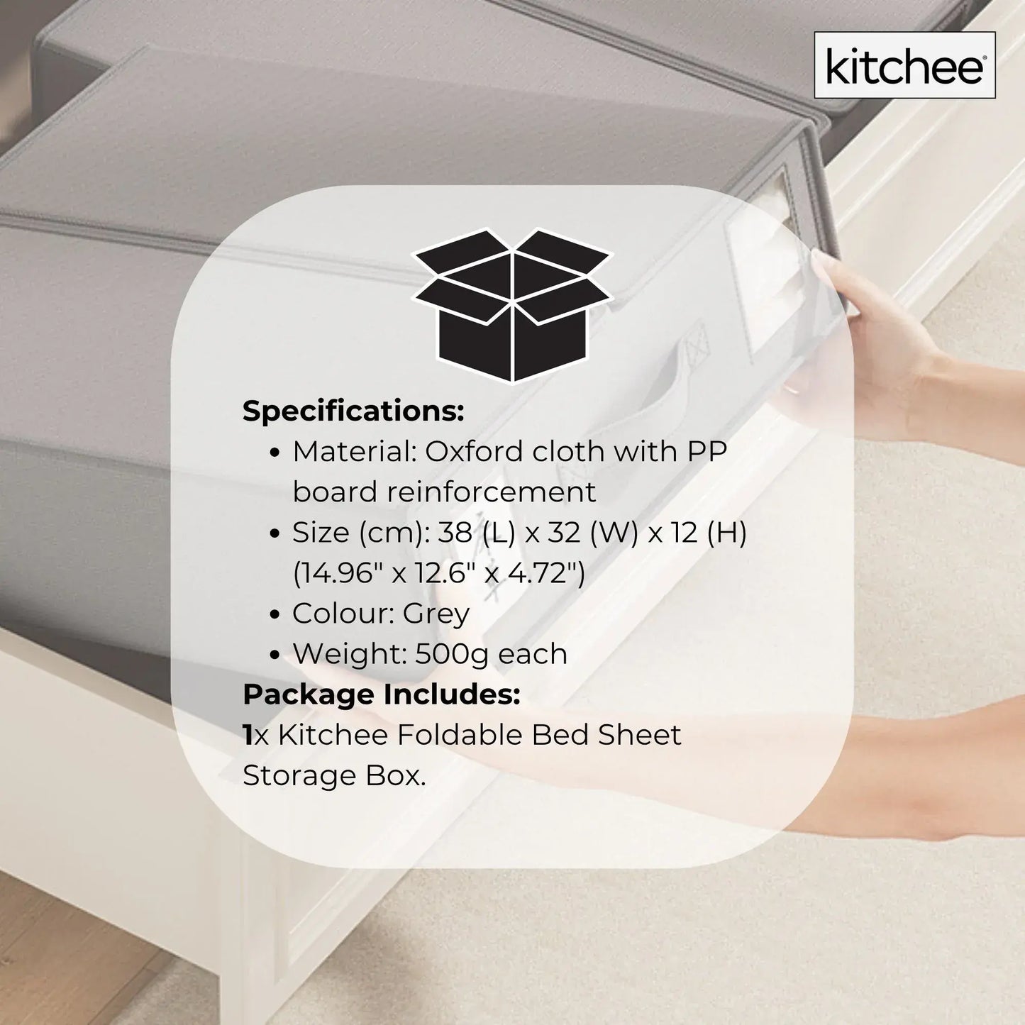 Foldable grey oxford fabric storage box with PP board reinforcement and covered lid