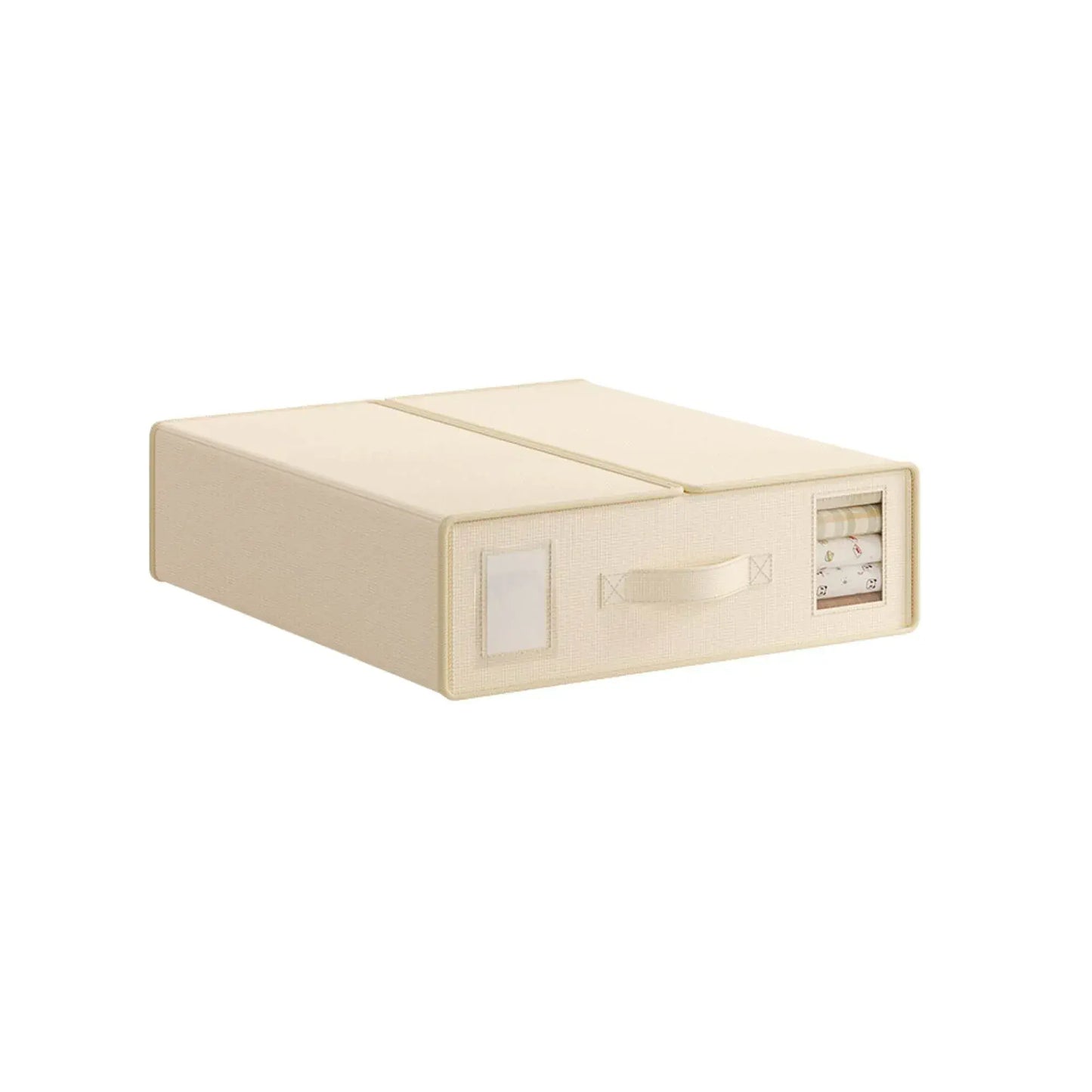 Beige foldable bed sheet storage box with clear window panels and front pocket