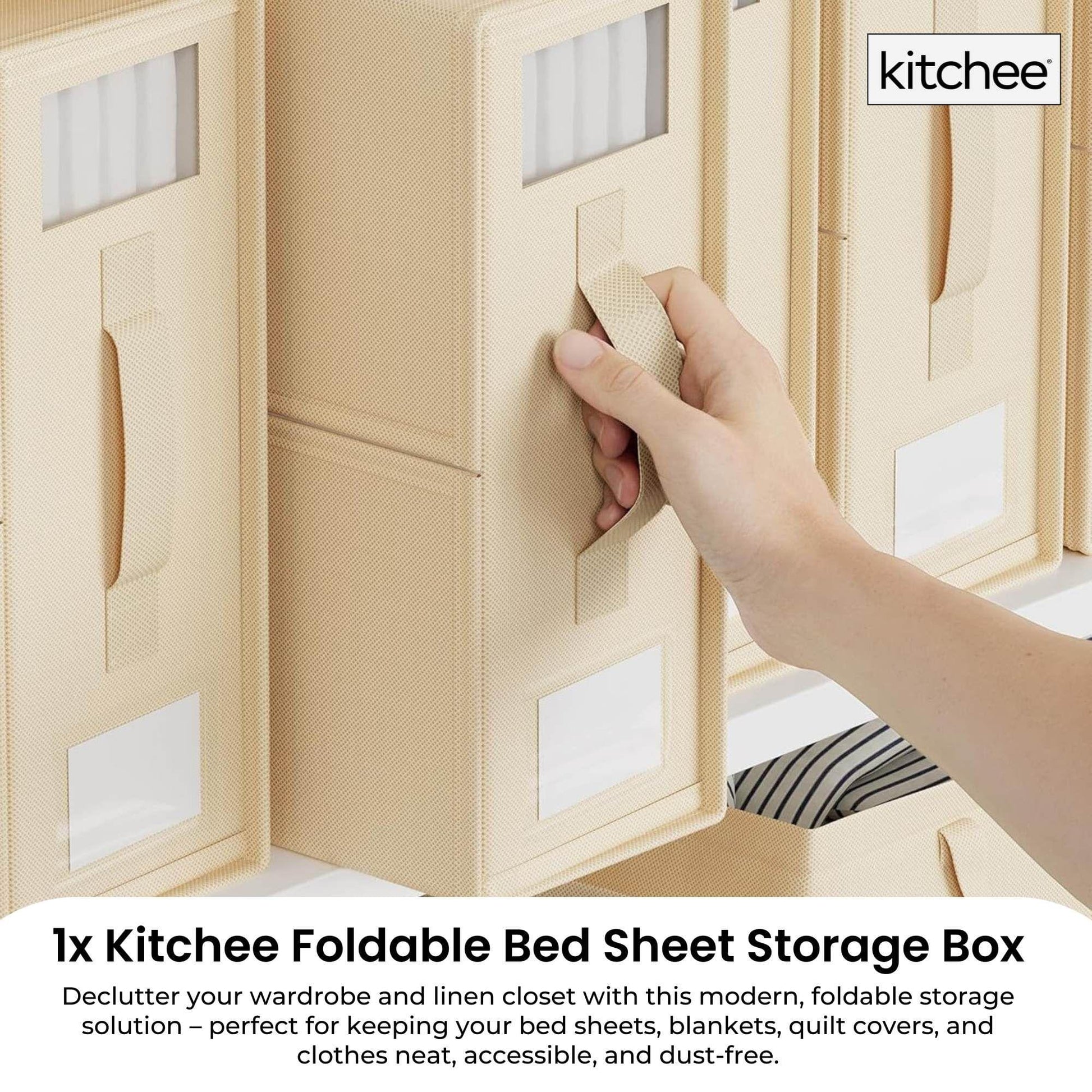 Beige foldable storage box side with clear window panel and lifted access flap