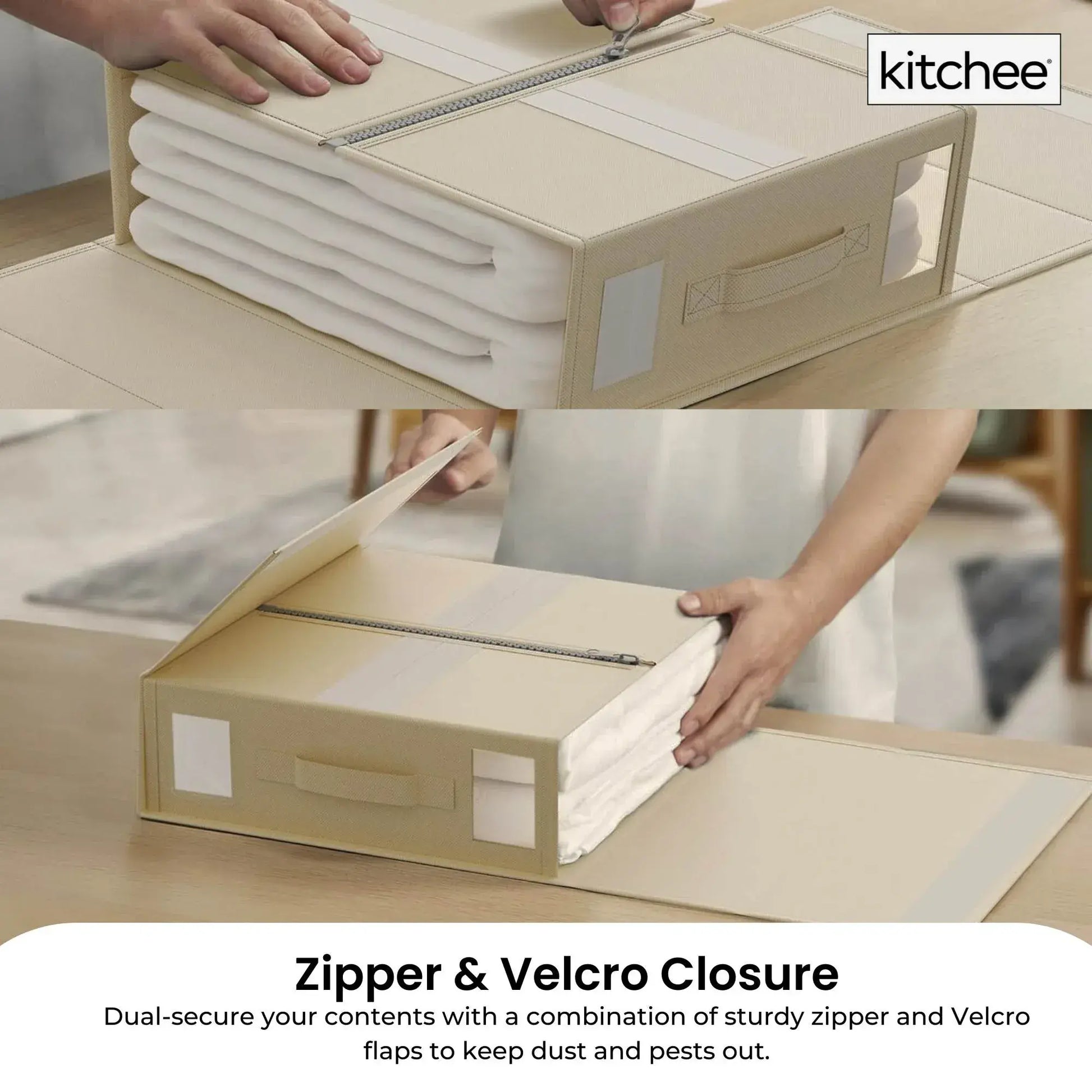 Beige foldable storage box with zipper closure, open top for linens and covers