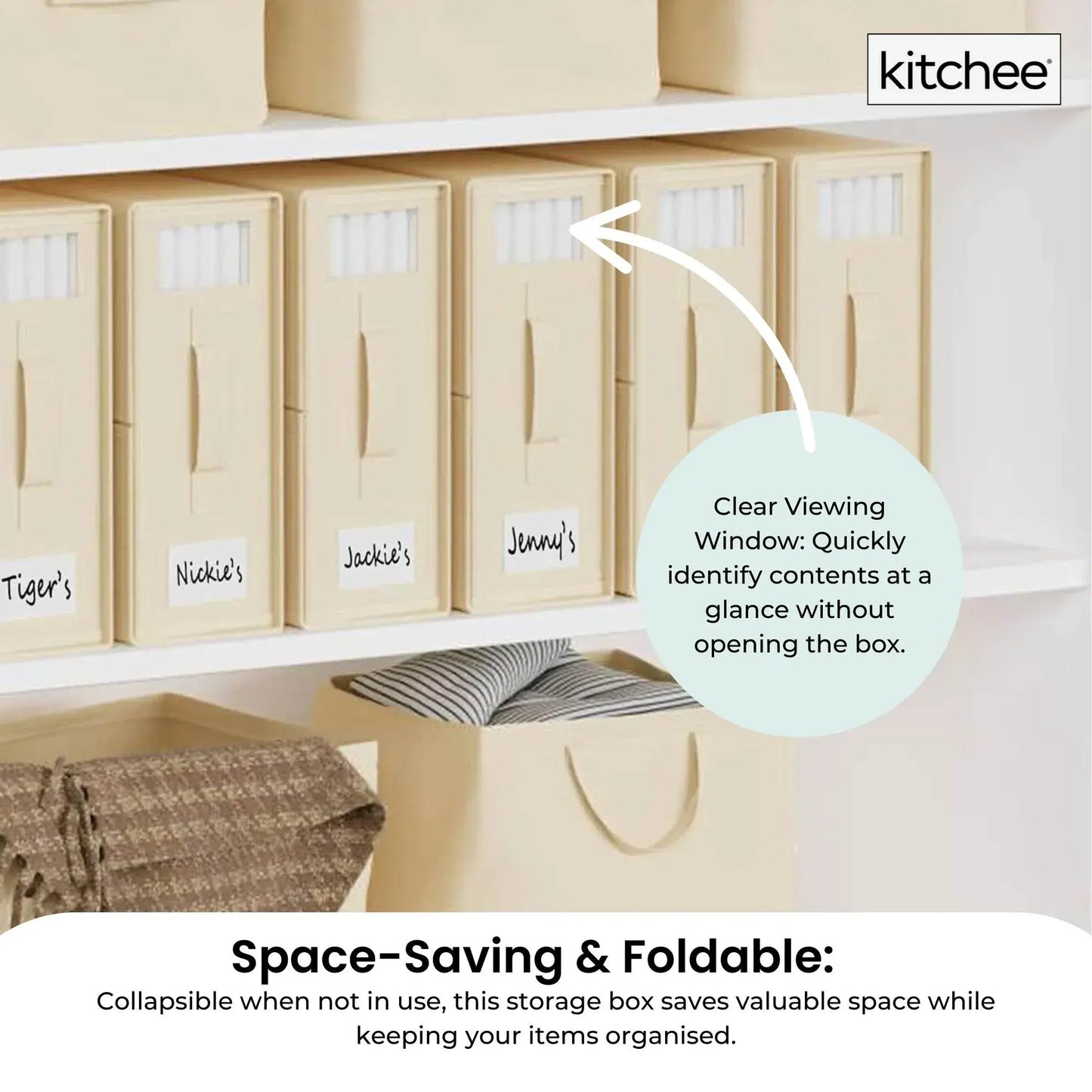 Beige foldable storage organizer with multiple window panels for contents viewing