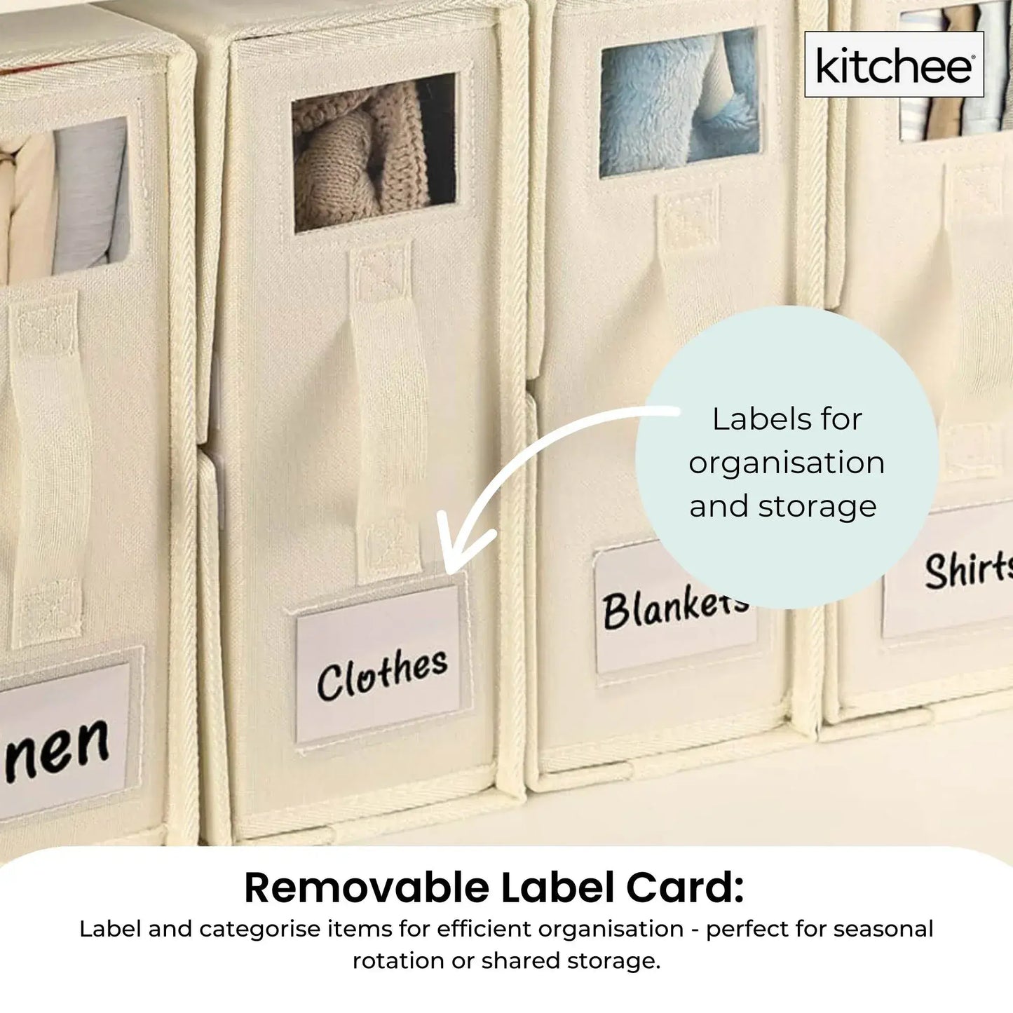 Beige foldable storage box with clear windows and removable label card slots