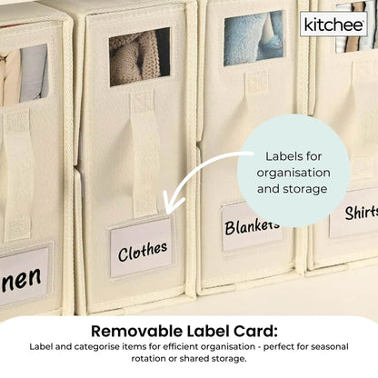 Beige foldable storage box with clear windows and removable label card slots