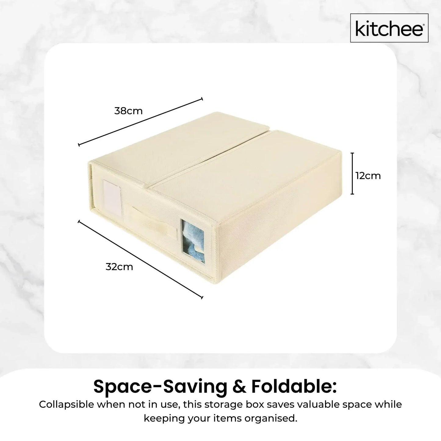 Beige foldable bed sheet storage box with front window panel and top closure