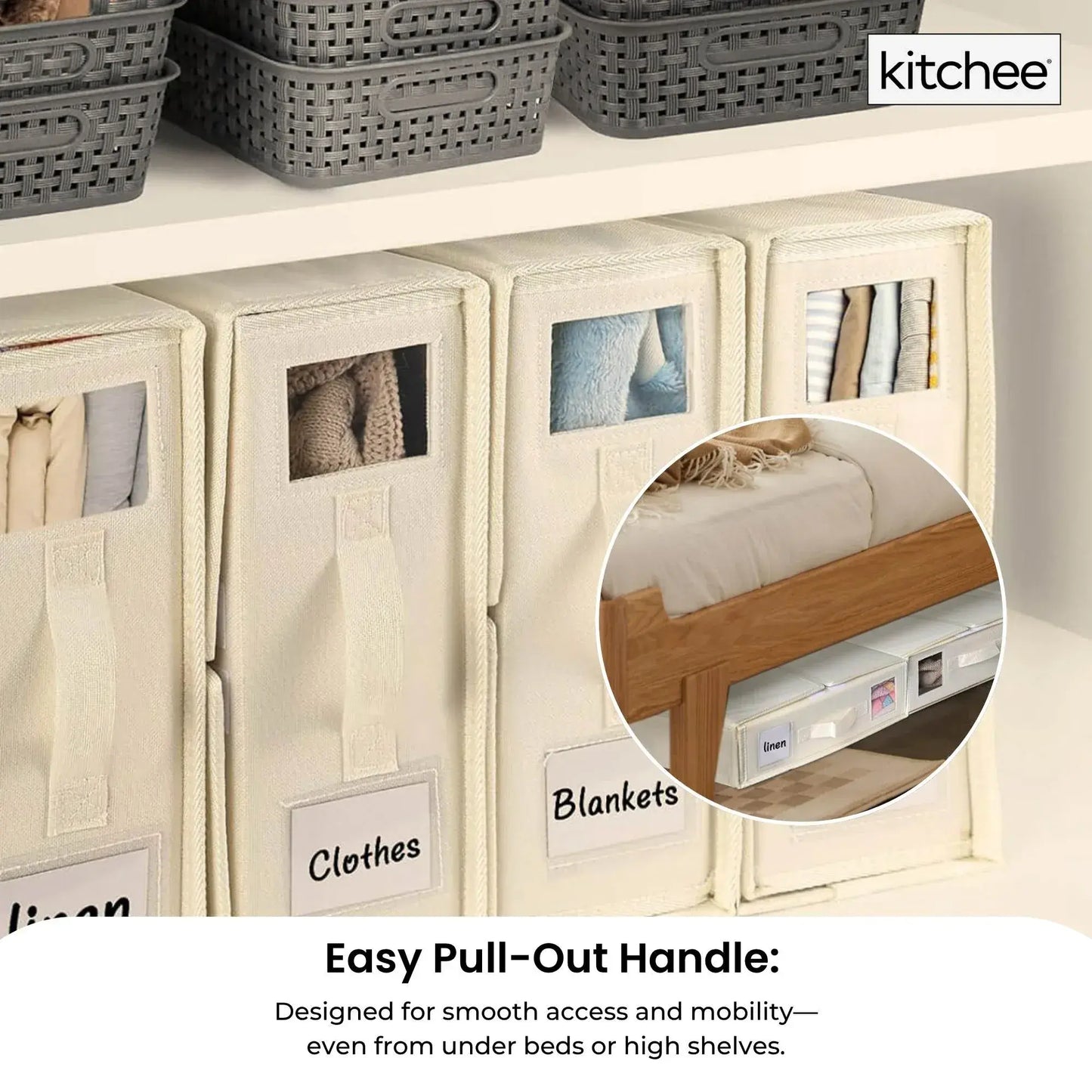 Beige foldable storage boxes in an organizer grid, each with window label panels