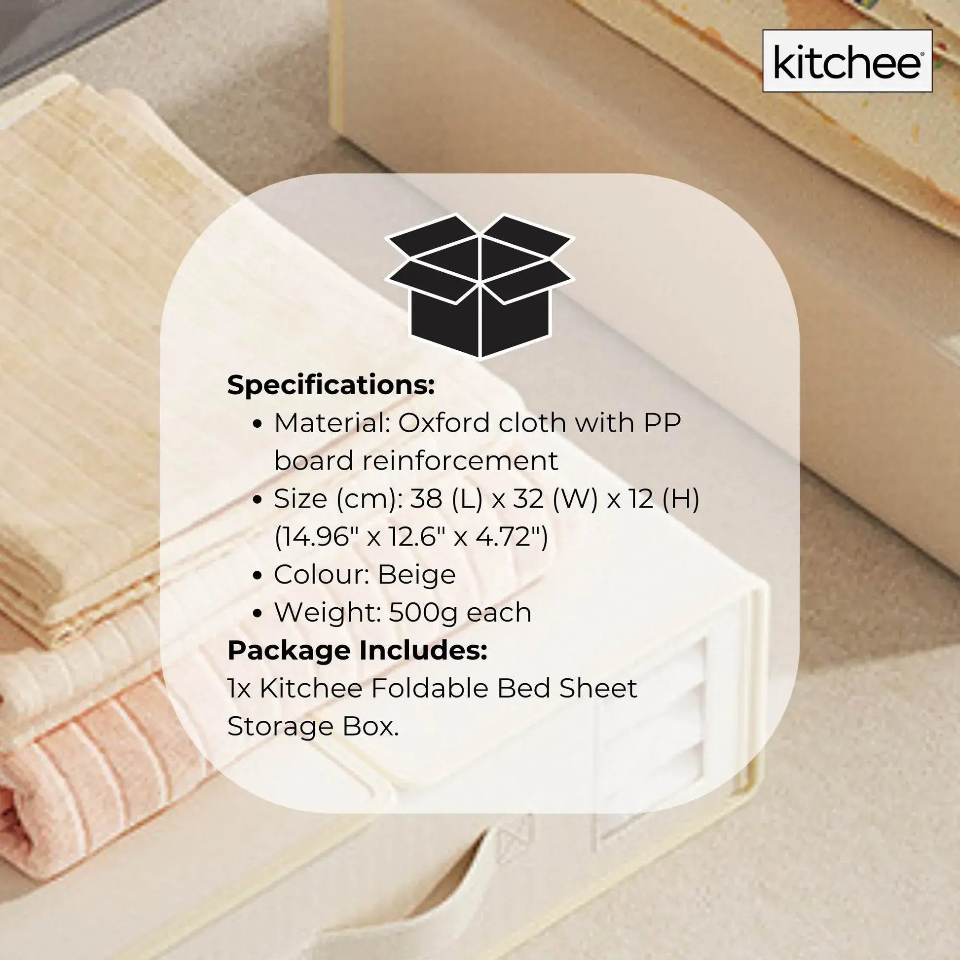 Beige foldable bed sheet storage box on bedding with front window panel