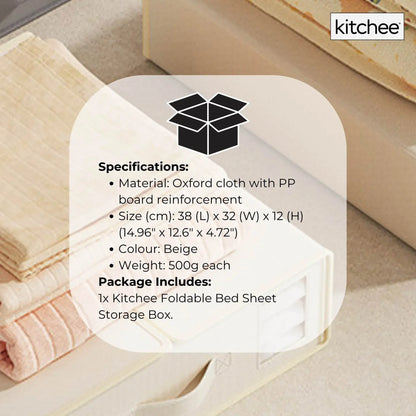 Beige foldable bed sheet storage box on bedding with front window panel