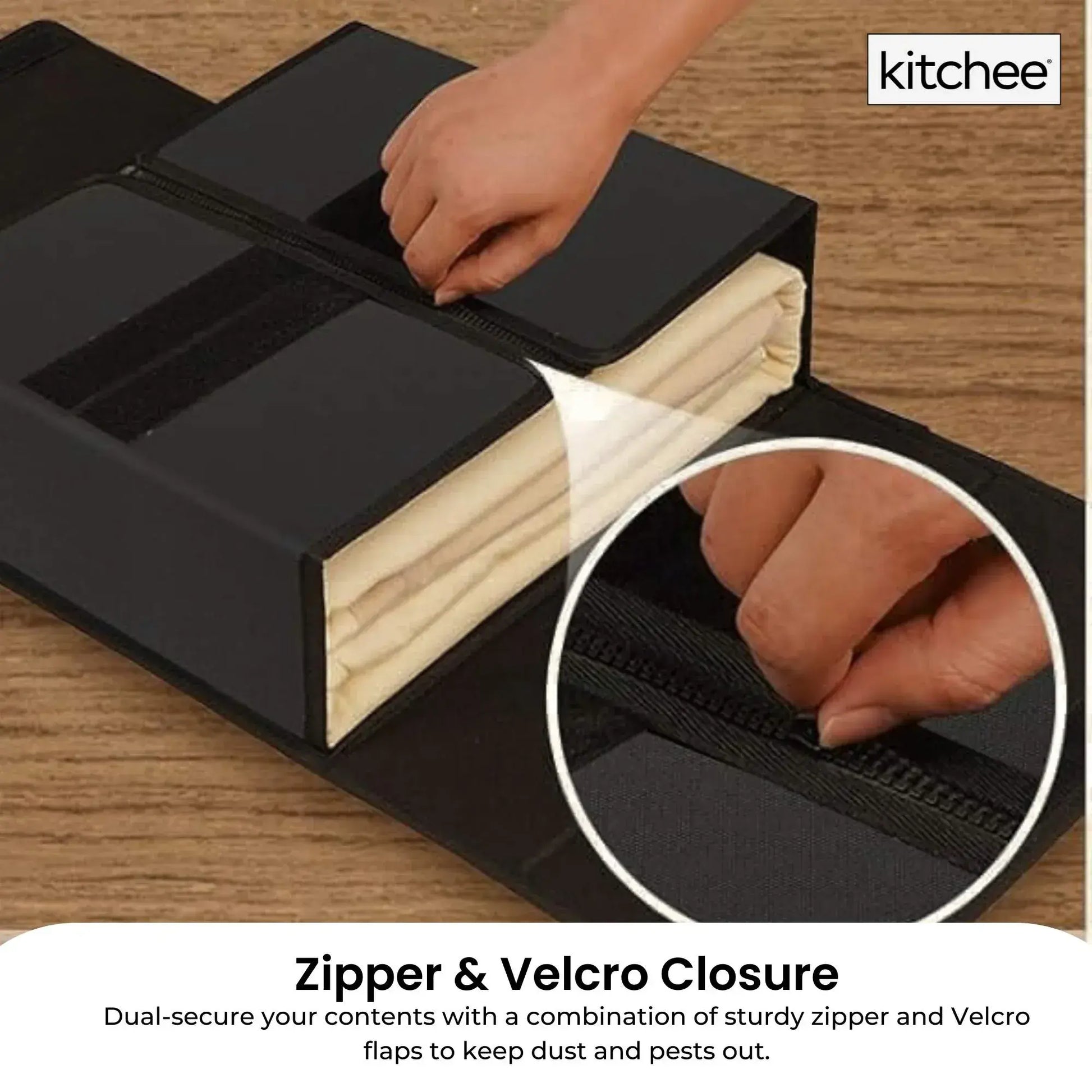 Black foldable storage box lid with zipper and Velcro closure