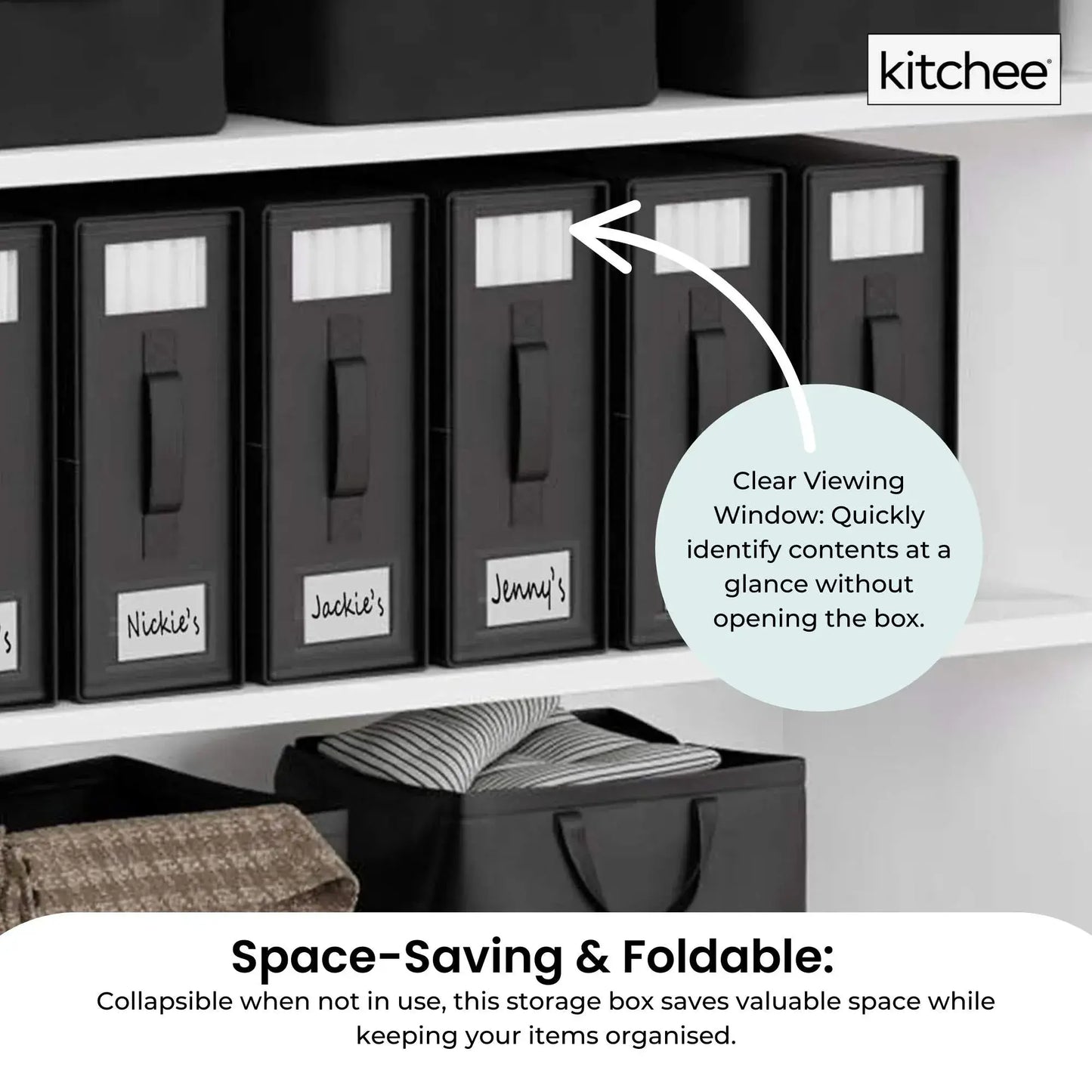 Set of black foldable storage boxes with clear viewing windows and label pockets