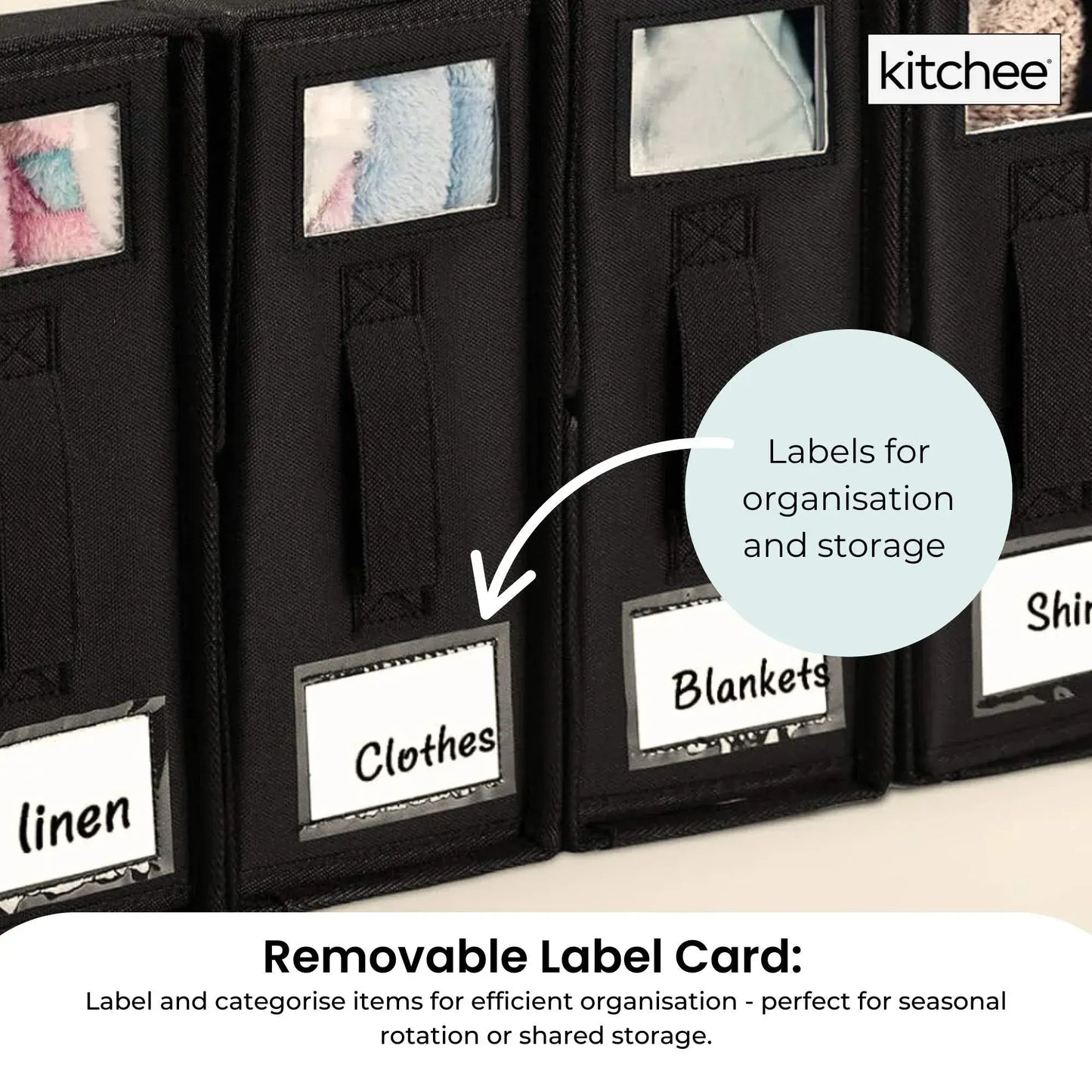 Black foldable storage box with removable label cards and clear viewing windows