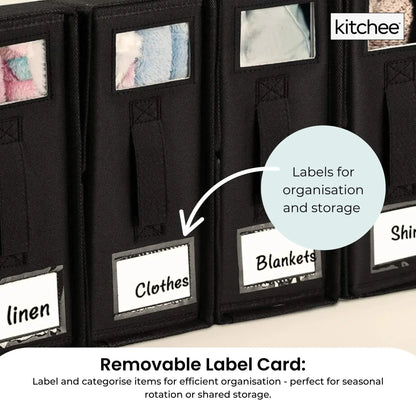 Black foldable storage box with removable label cards and clear viewing windows