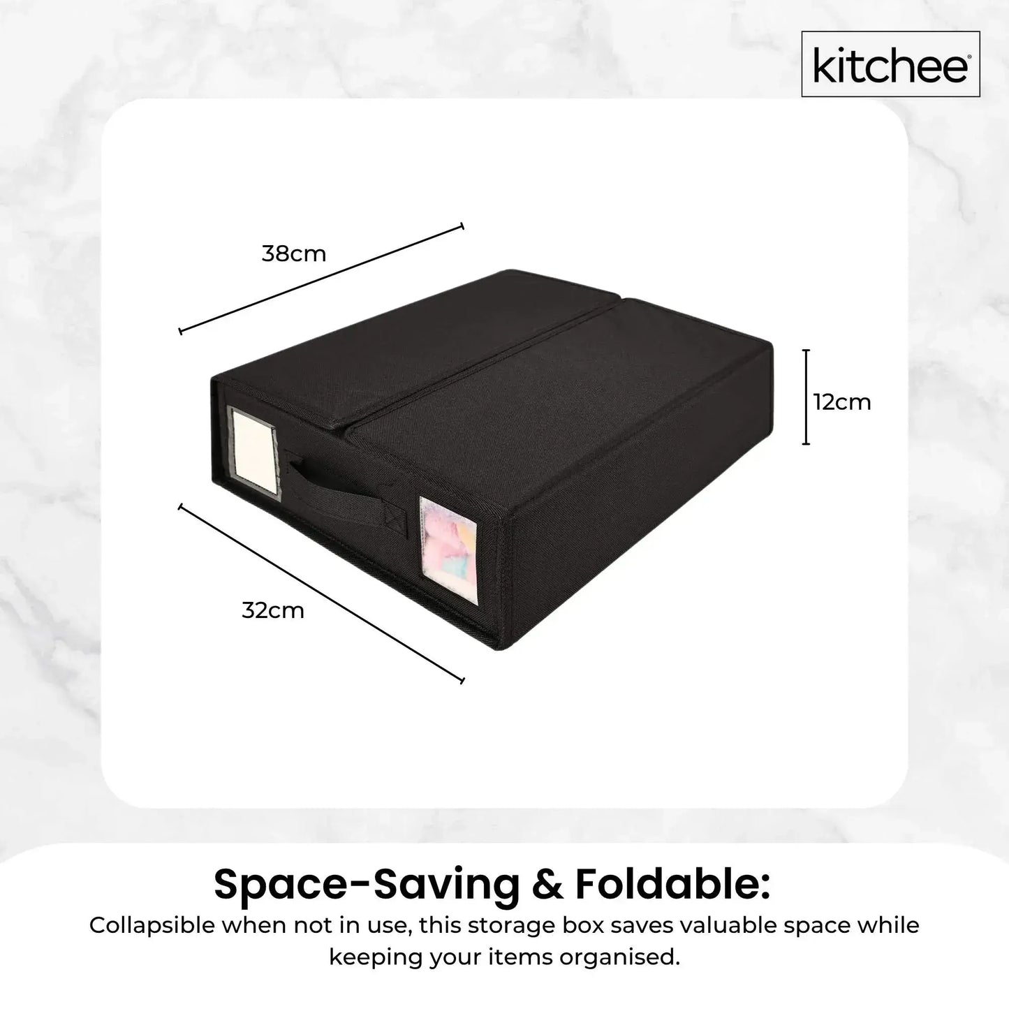 Black foldable storage box with clear side window, compact 3D view