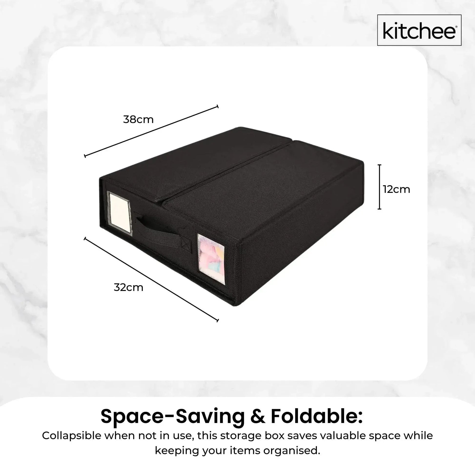 Black foldable storage box with clear side window, compact 3D view