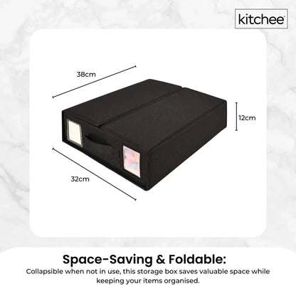 Black foldable storage box with clear side window, compact 3D view