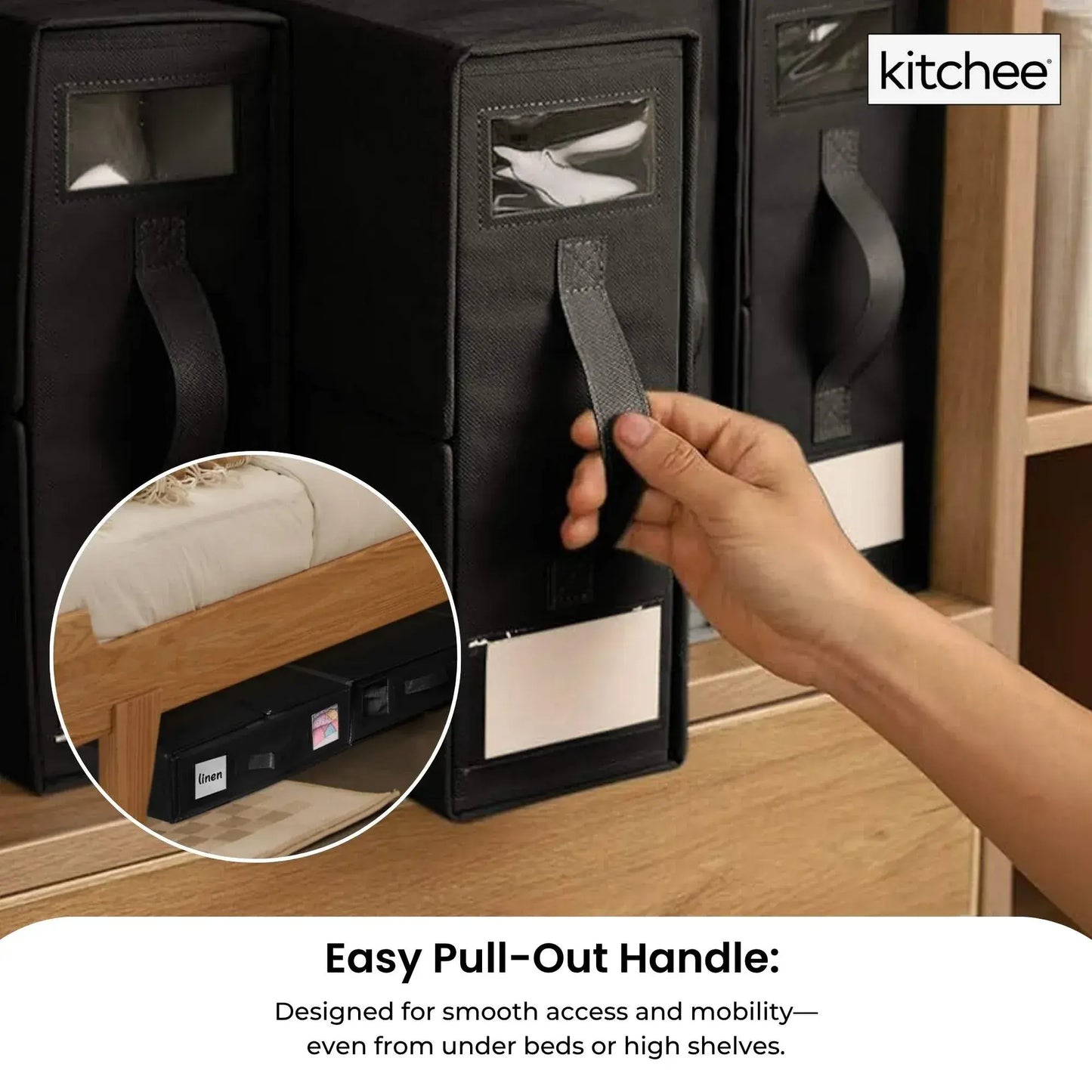 Black foldable storage box with easy pull-out handle and front label pocket