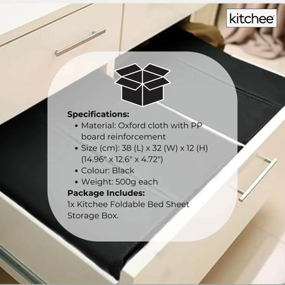 Black foldable storage box with size and material text overlay