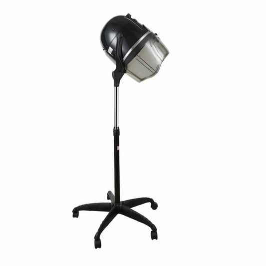 Black free-standing hair dryer hood bonnet with adjustable legs and metal hood