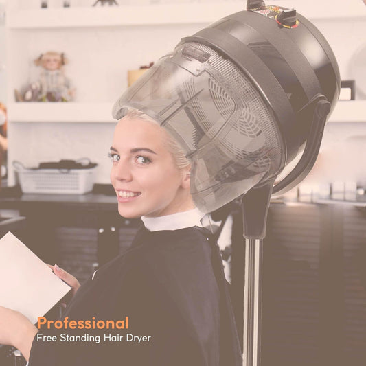 Free-standing hair dryer hood bonnet covering hair while drying on a tall stand