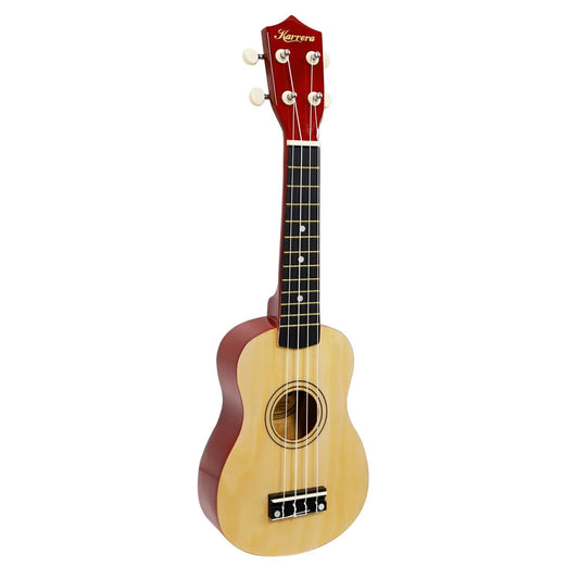Natural wood ukulele with dark fretboard and red headstock
