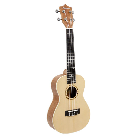 Natural wood ukulele with black fretboard and round rosette soundhole