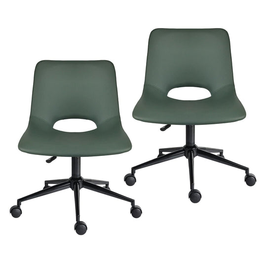 Green PU leather office chairs set with swivel base and cut-out seat, black legs