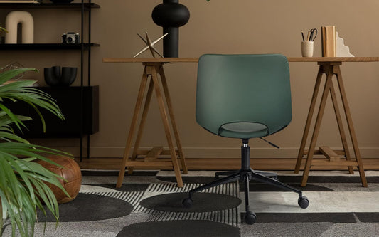 Green swivel desk chair with cut-out seat, black star base and caster wheels