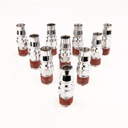Set of male air coupling fittings with chrome body and red threaded ends