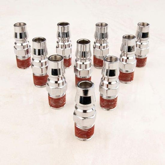 Set of male air coupling fittings with chrome finish and red threaded sections