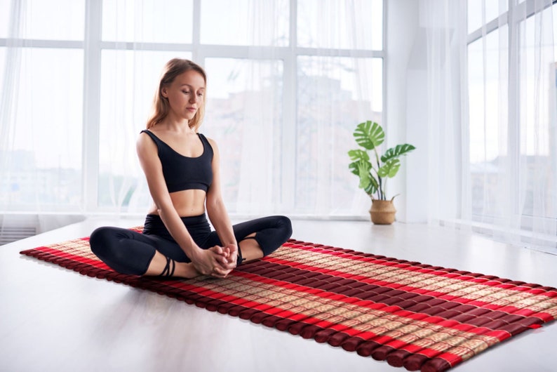 Foldout day bed roll-out mattress in red and dark striped fabric, rolled end