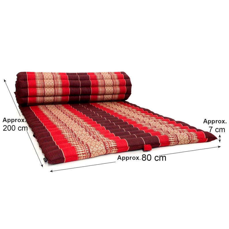 Foldout mattress with red, dark, and cream stripes; size measurements shown