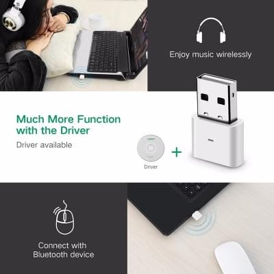 White USB Bluetooth adapter, small rectangular body with USB connector