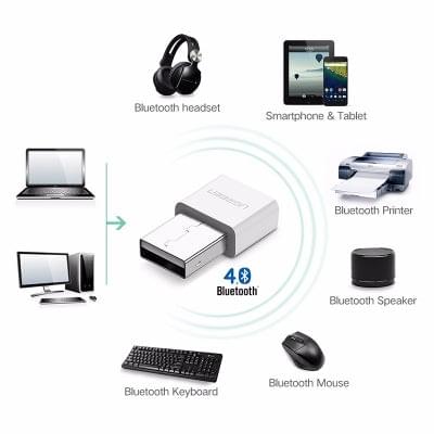 White USB Bluetooth adapter with USB plug and Bluetooth 4.0 icon