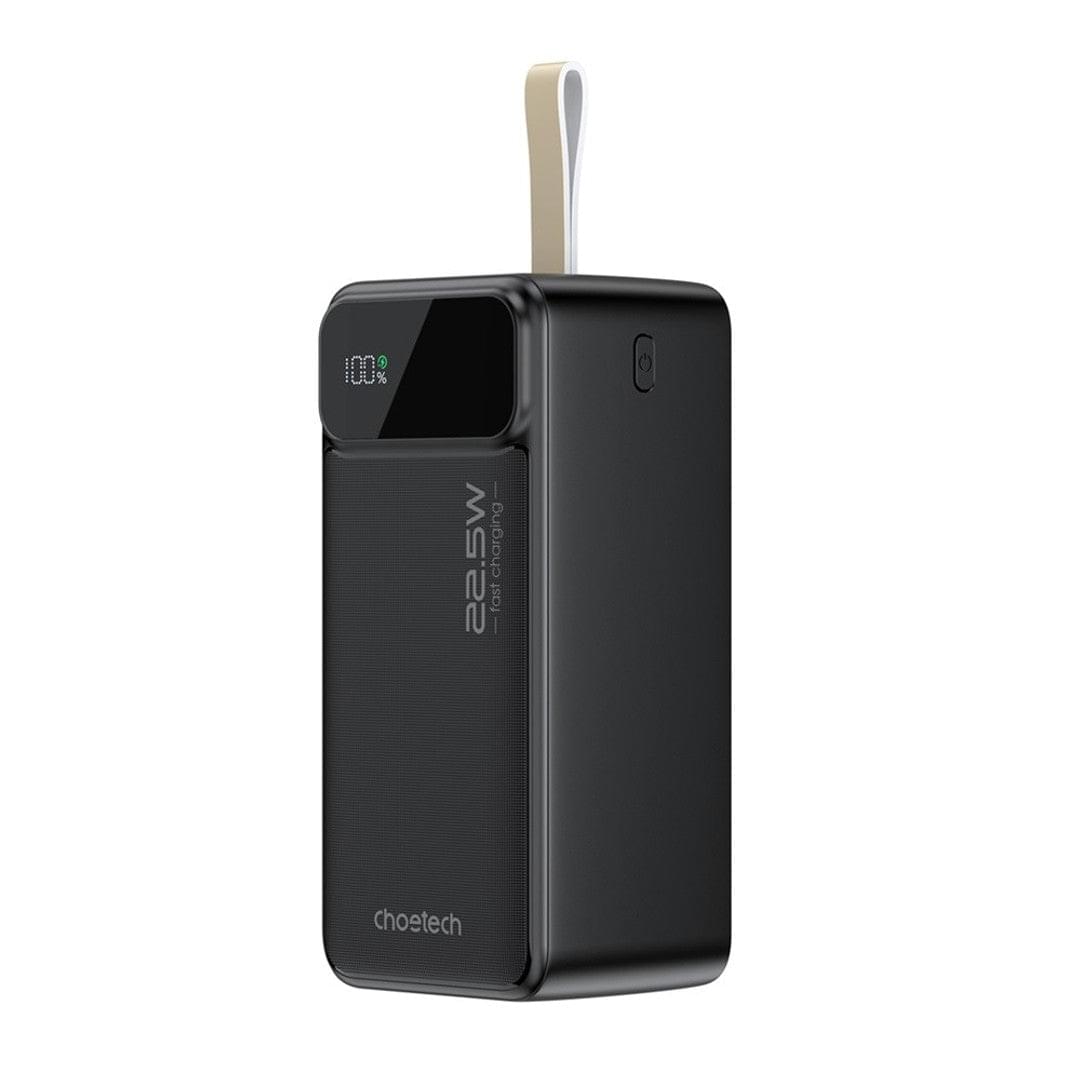 Black power bank with hanging loop, side ports and textured back panel