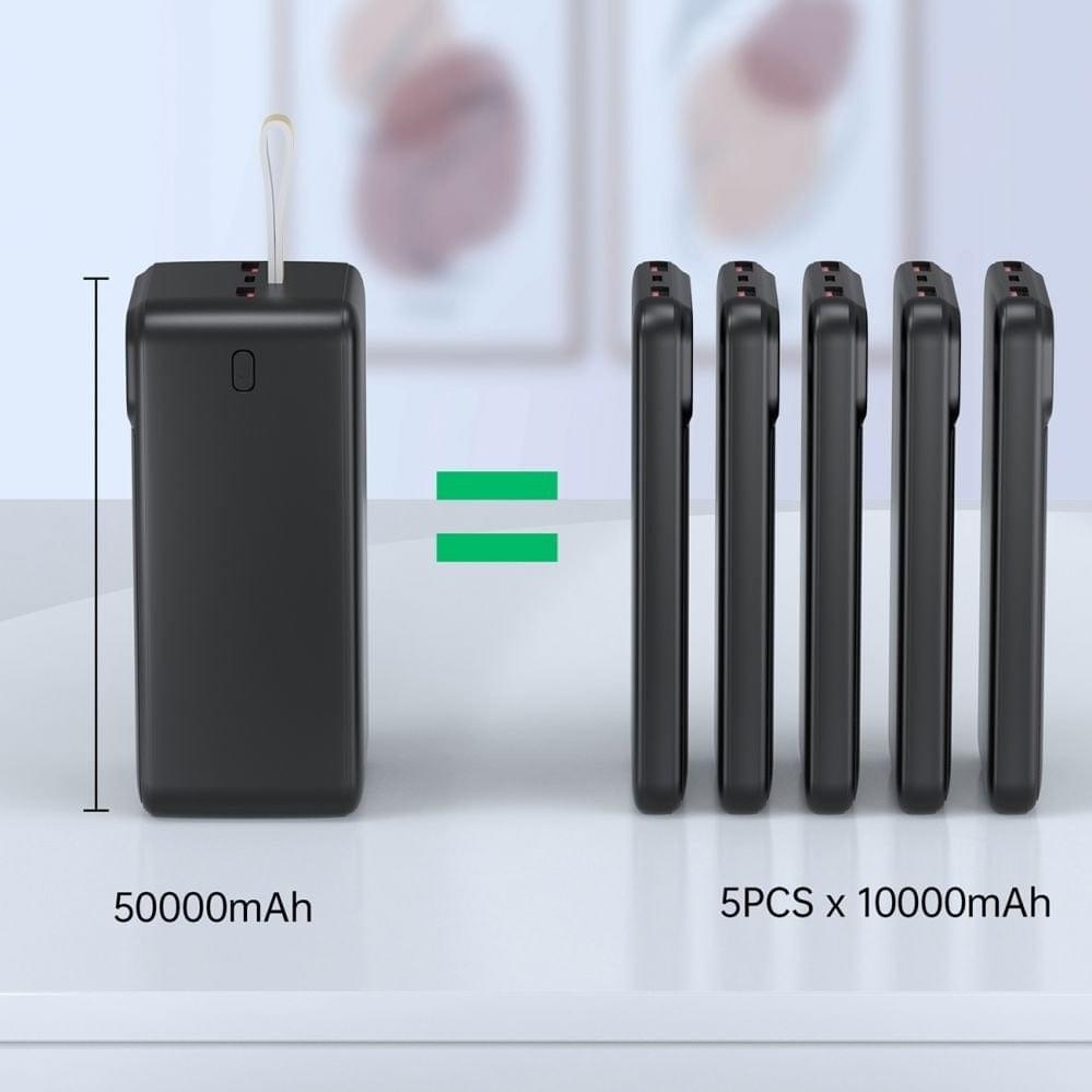 Black power bank shown with multiple slim units, front face and port area visible