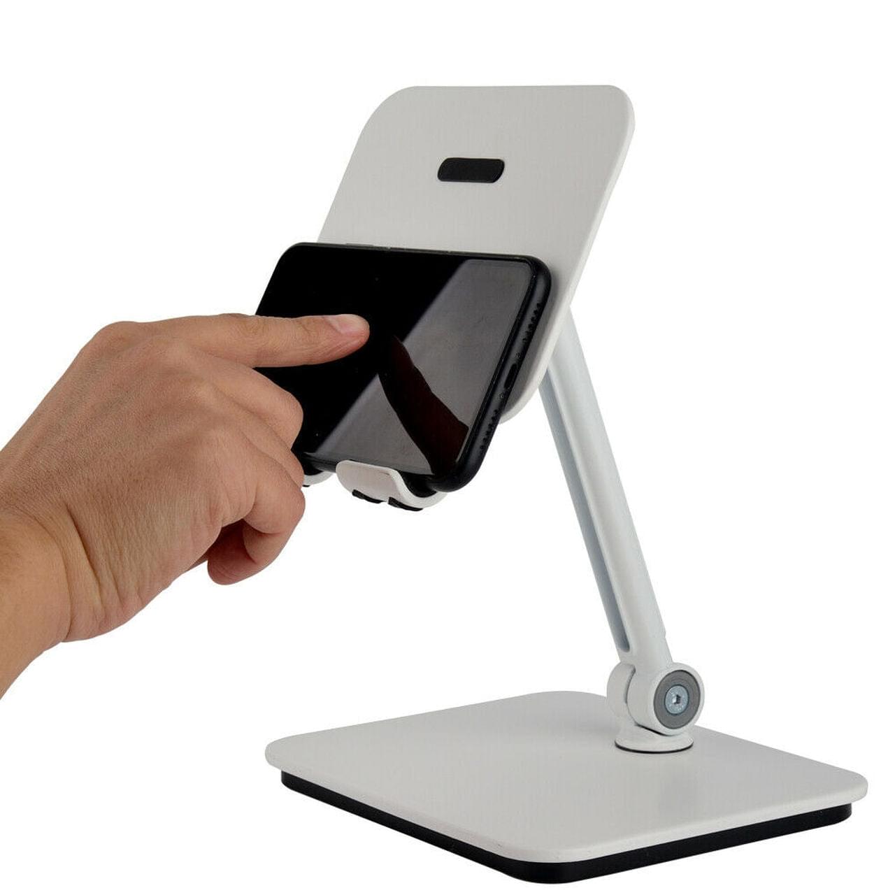 White full-motion smartphone and tablet holder with adjustable clamp, desk base