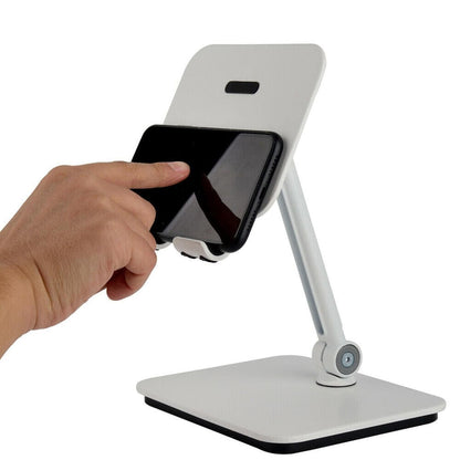 White full-motion smartphone and tablet holder with adjustable clamp, desk base