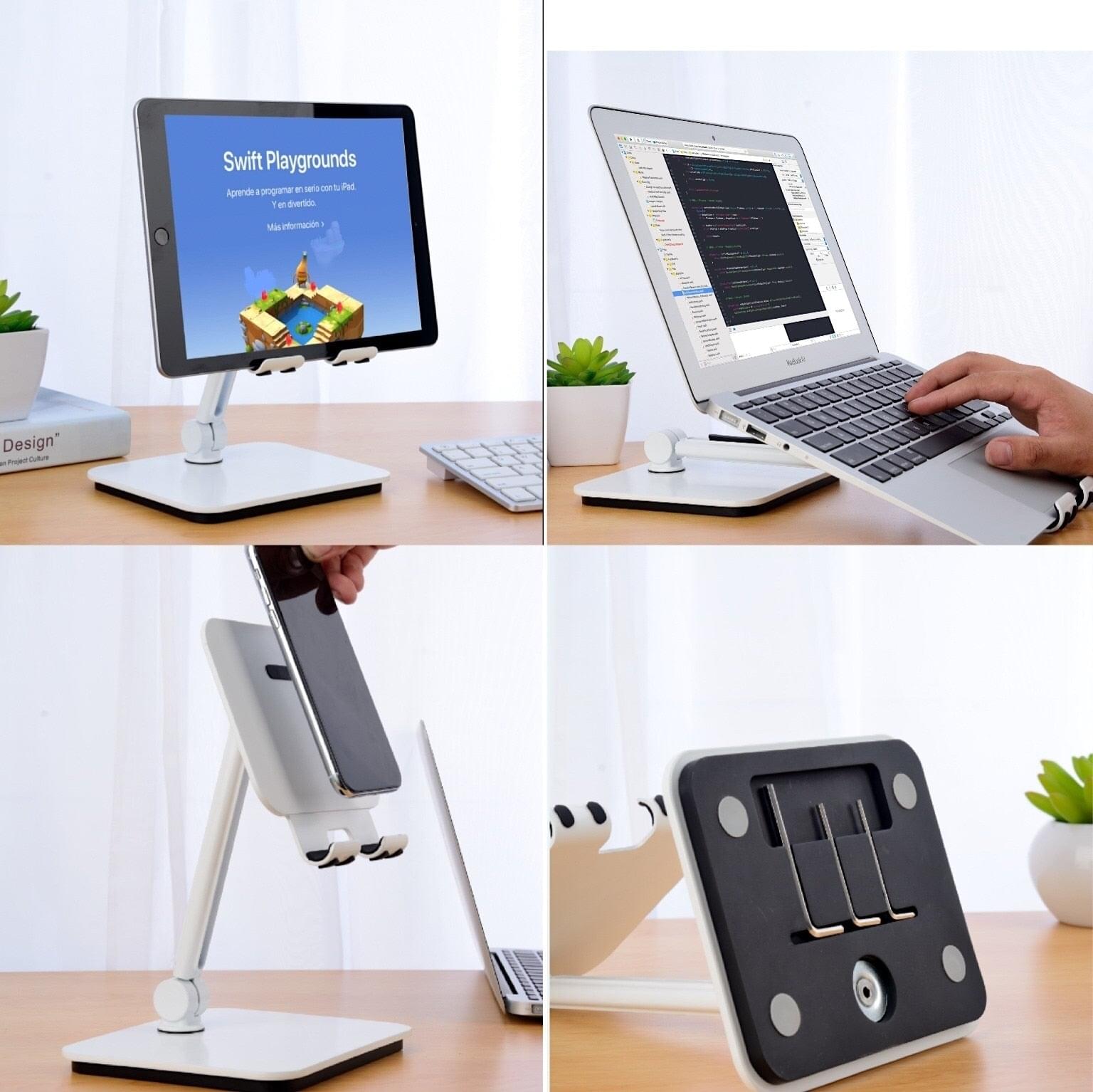 White 3-in-1 holder stand with pivoting mounts for tablet and smartphone on desk