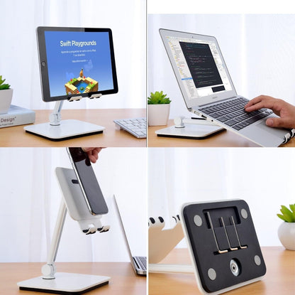 White 3-in-1 holder stand with pivoting mounts for tablet and smartphone on desk
