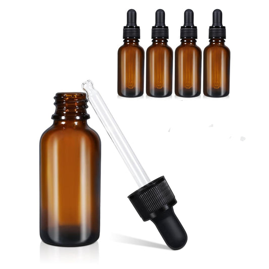 Amber glass dropper bottle set with black ribbed caps and clear pipettes