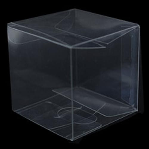 Clear plastic cube display box, square shape with transparent panels on all sides