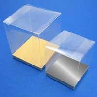 Clear plastic cube gift box set with open base tray and lid pieces