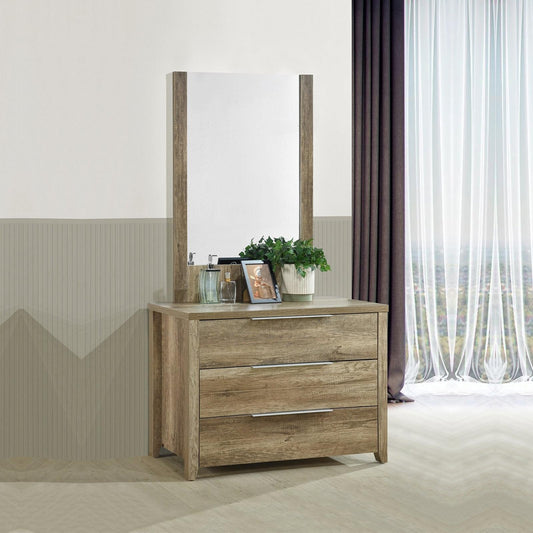 Dresser with mirror and three storage drawers, oak-tone wood finish
